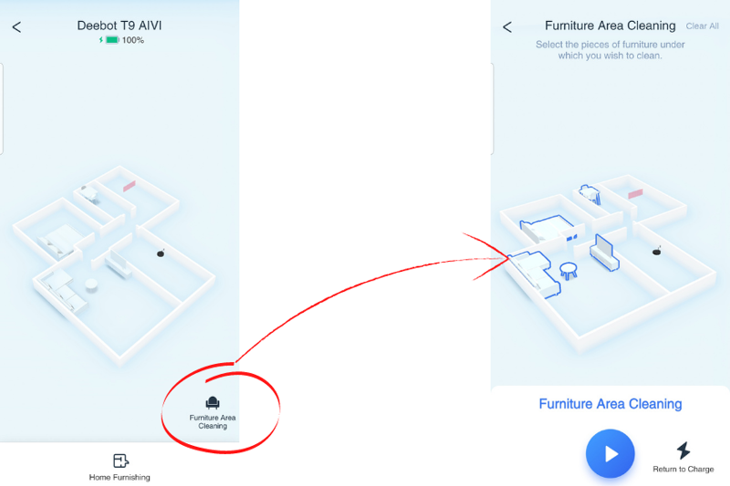 In der 3D-Kartenansicht der Ecovacs Home App wird eingestellt, dass der Deebot T9 AIVI unter allen Möbeln saugen soll